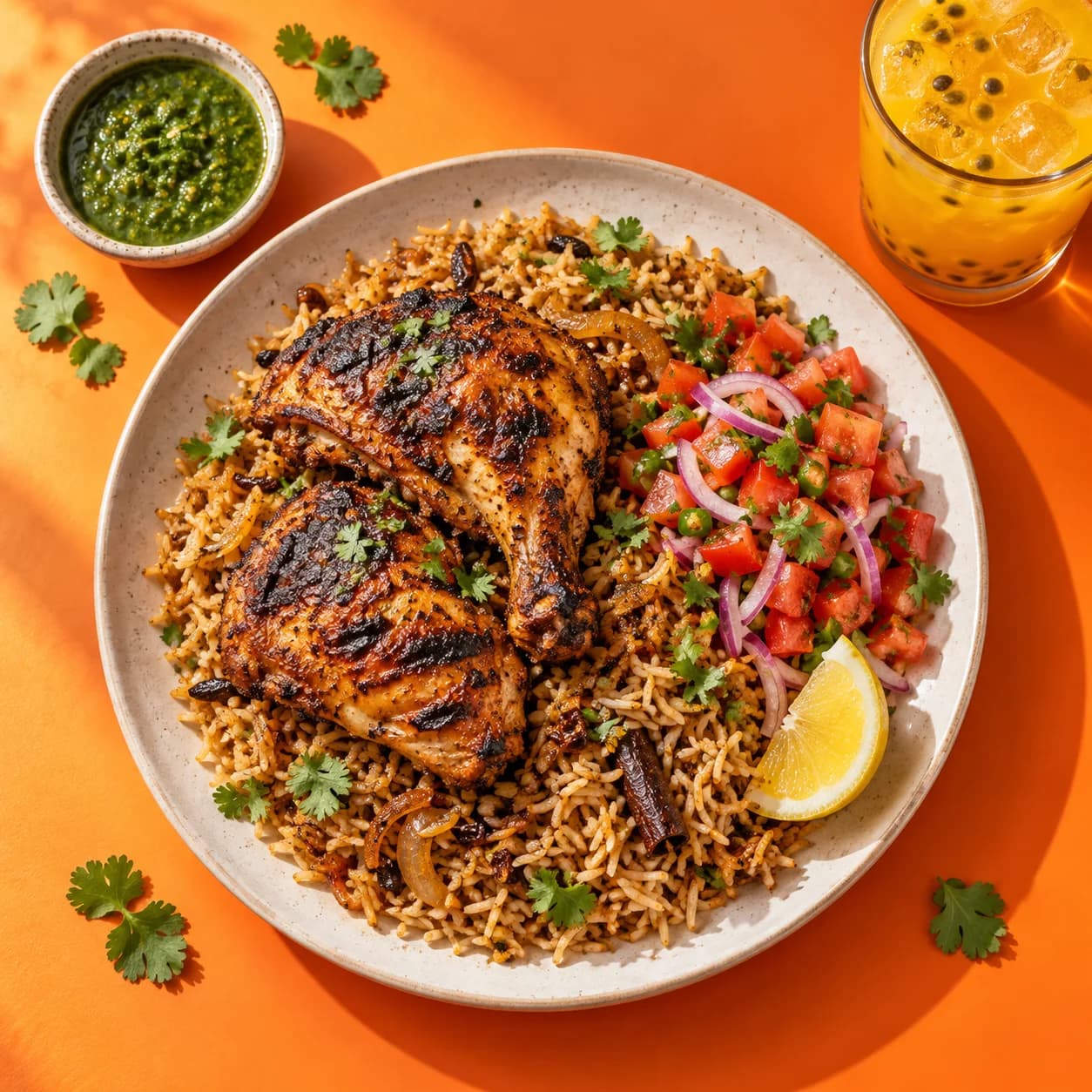 Grilled chicken, pilau rice and fresh kachumbari on an orange table